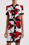 BALMAIN RED ROSES JACQUARD SHORT SLEEVE CROP CARDIGAN