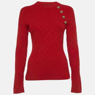 Pre-owned Balmain Red Stretch Knit Button Detail Sweater M