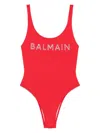 Balmain Red Swimsuit With Deep Scoop Neckline In Red