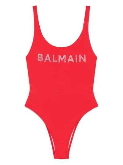 Balmain Red Swimsuit With Deep Scoop Neckline