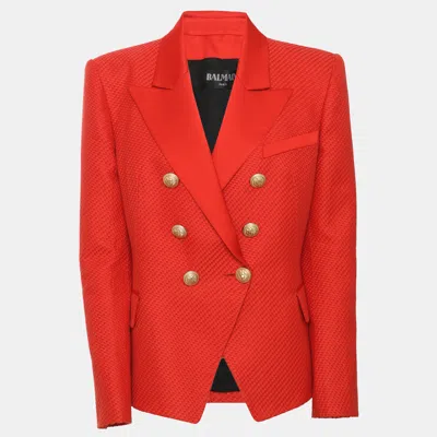Pre-owned Balmain Red Textured Cotton And Silk Double Breasted Blazer L