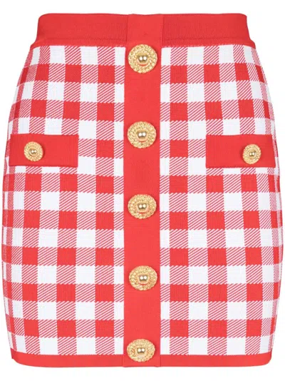 BALMAIN RED VICHY BUTTONED MINI SKIRT