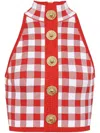 Balmain Cropped Button-embellished Gingham Knitted Top In Red