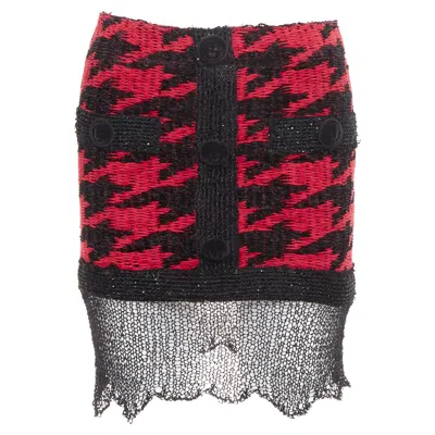 Pre-owned Balmain Red Viscose Blend Tweed Mini Sequin Trimmed Velvet Buttons Skirt Fr34 Xs