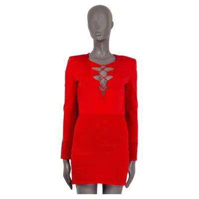 Pre-owned Balmain Red Viscose Ribbed Panel Long Sleeve Mini Dress 38 S