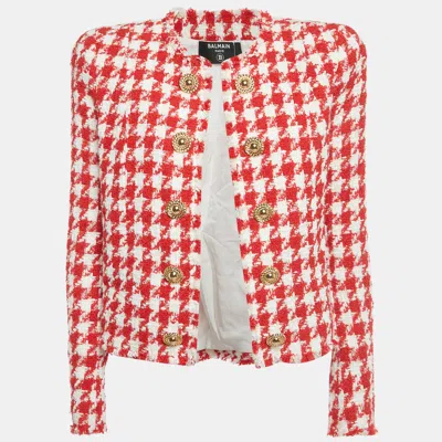 Pre-owned Balmain Red /white Houndstooth Tweed Open Front Jacket M