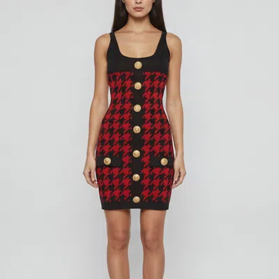 Pre-owned Balmain Red/black Houndstooth Jacquard Knit Scoop Neck Mini Dress Xs