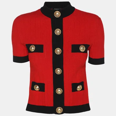Pre-owned Balmain Red/black Stretch Knit Short Sleeve Cropped Cardigan M