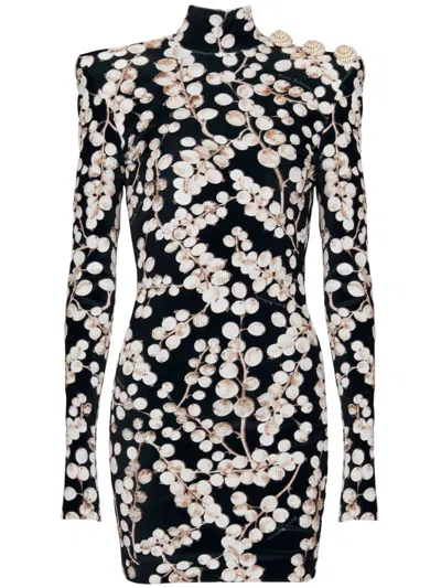 Balmain Open-back Embellished Printed Velvet Mini Dress In Black