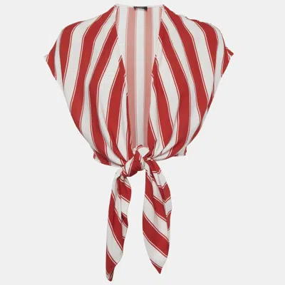 Pre-owned Balmain Red/white Striped Crepe Tie-up Crop Top S