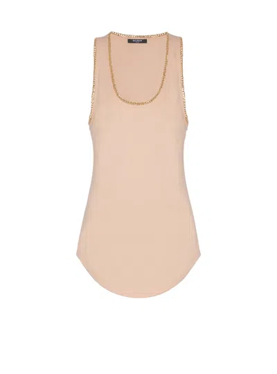 Balmain Relaxed Jersey Tank Top With Chains In Brown