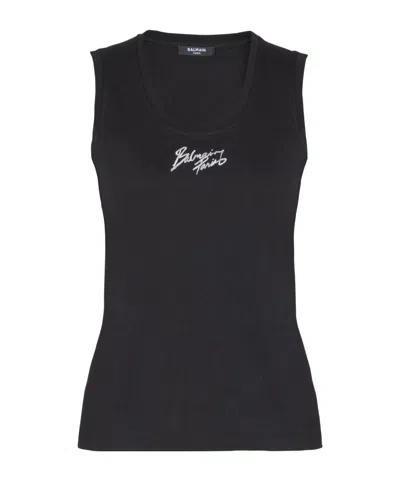 Balmain Relaxed Tank Top With  Paris Brush Print In Black