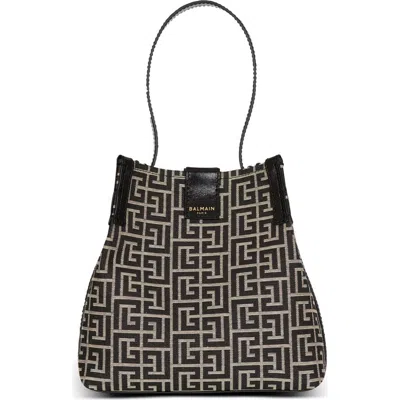 Balmain Release Bucket Bag In Jacquard And Calfskin In Yellow