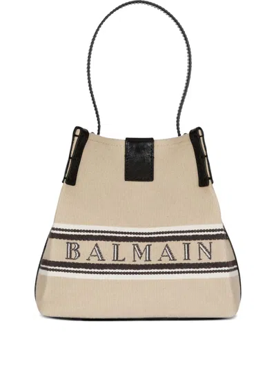 BALMAIN RELEASE CANVAS AND LEATHER BUCKET BAG