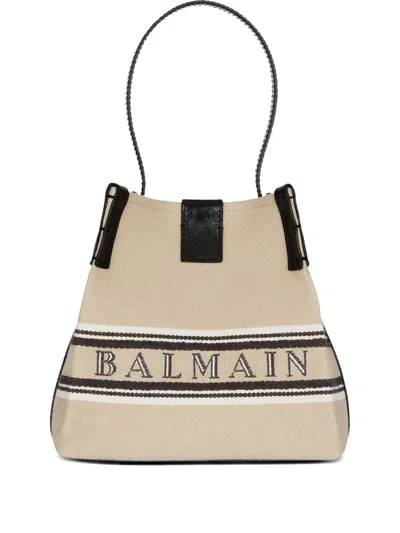 BALMAIN RELEASE CANVAS AND LEATHER BUCKET BAG