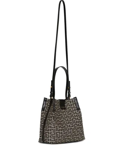 Balmain Women Release Jacquard And Leather Bucket Bag In Black