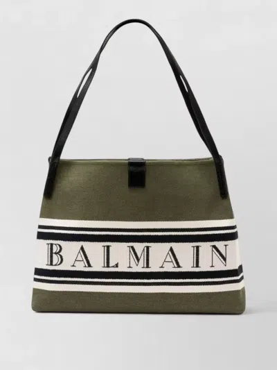 Balmain Release Shopper Medium Canvas Shoulder Bag In Green