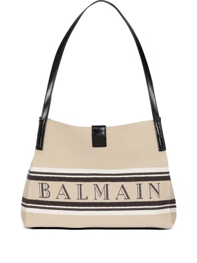 BALMAIN RELEASE SMALL CANVAS AND LEATHER TOTE