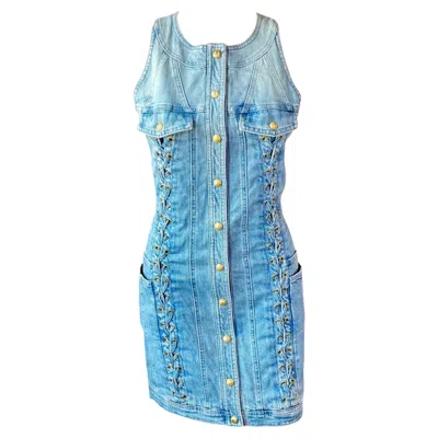 Pre-owned Balmain Resort 2016 Denim Lace Up Mini Dress In Blue