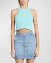 Balmain Retro Logo Embroidered Crop Tank Top In Pale Greenmulti