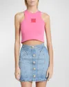 Balmain Cropped Tank Top With Retro Pb Embroidery In Pinkred