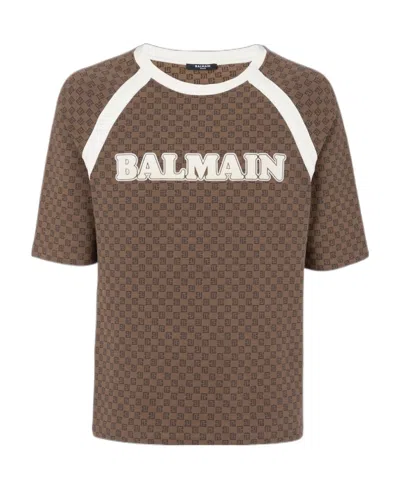 Balmain Retro Mini Monogram-print T-shirt In Brown