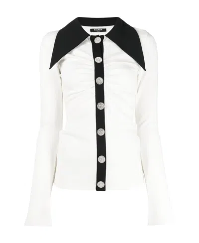 Balmain Rhinestone-button Long-sleeve Shirt In White