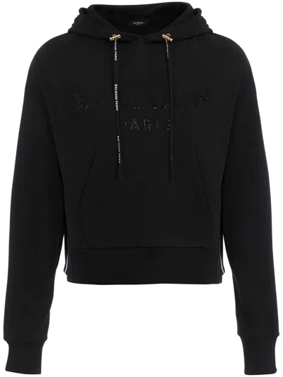 Balmain Rhinestone Cotton Hoodie In Black