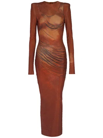 Balmain Rhinestone-embellished Printed Maxi Dress In Red