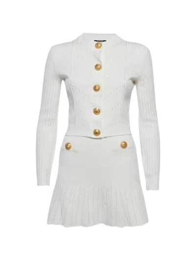 Pre-owned Balmain Rib Knit Button Mini Skirt Set In White
