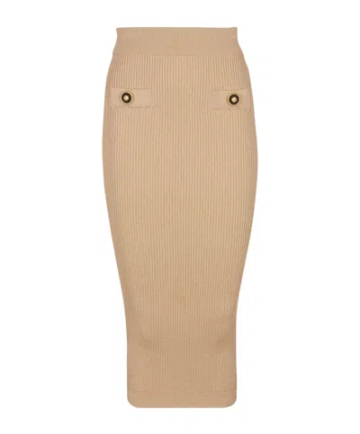 Balmain Ribbed Nude Viscose Blend Midi Skirt In Neutral
