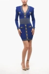 Balmain Ribbed Bodycon Mini Dress With Golden Buttons And Lurex Deta In Blue