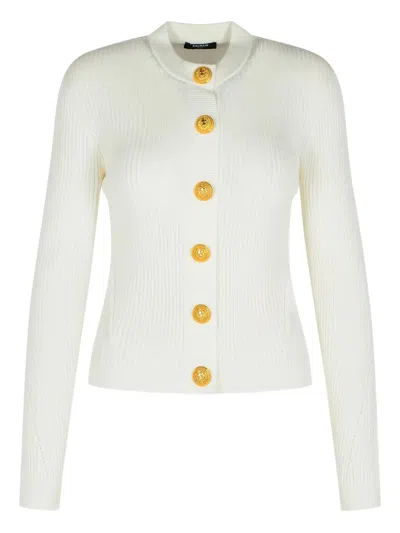 Balmain Cashmere Cardigan Round Neck Long Sleeves In White