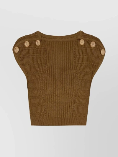 Balmain Ribbed Cap Sleeve Knit Top In Brown