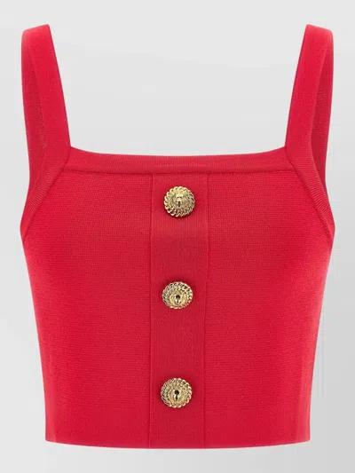 Balmain Ribbed Crop Top Gold Button Square Neckline In Red