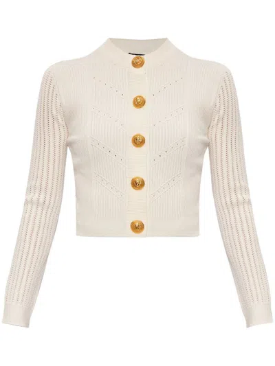Balmain Cropped Ribbed-knit Cardigan In White