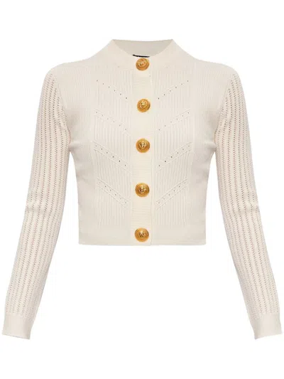 Balmain Buttoned-embellished Crewneck Cardigan In Beige