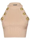 Balmain Ribbed Halter Neck Top With Gold Buttons In Black