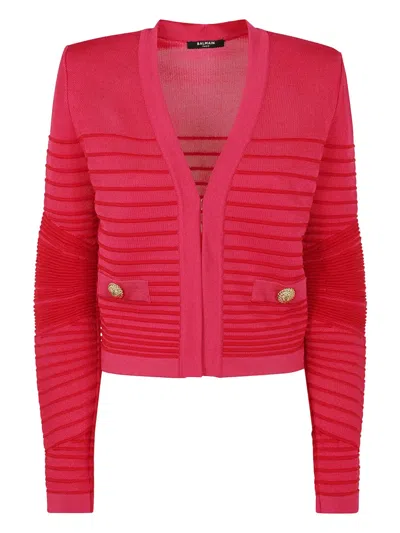 Balmain Lon Sleeves Side To Side Flechage Knit Cardigan In Pink