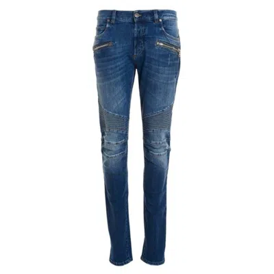 Balmain Ribbed-detail Skinny Jeans In Blue