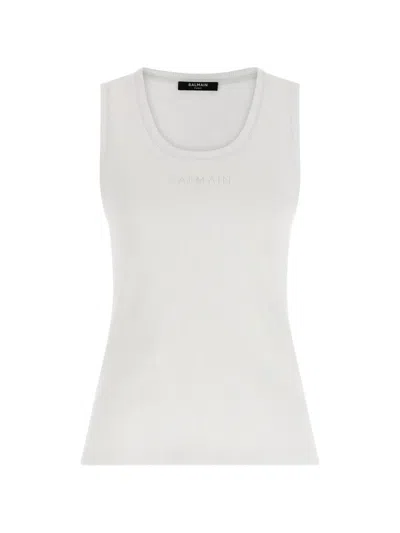 Balmain Logo Embroidery Ribbed Scoop Neck Tank In White