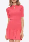 Balmain Keyhole Neck Ribbed Flutter Skirt Mini Dress In Pink