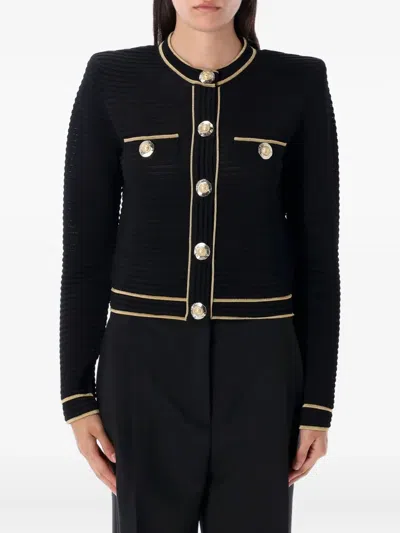 BALMAIN RIBBED GOLD-TRIMMED CARDIGAN