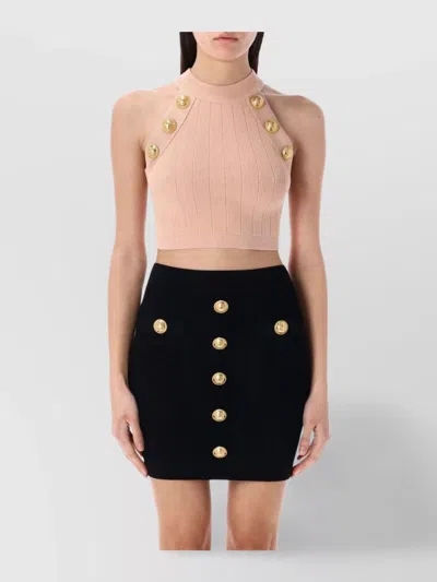 Balmain Ribbed Halter Neck Top With Gold Buttons