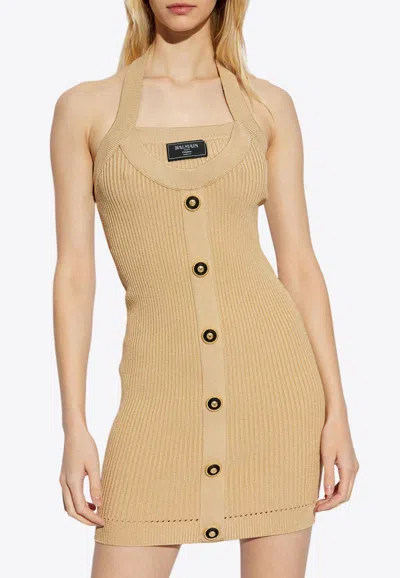 Balmain Ribbed Halterneck Mini Dress In Beige