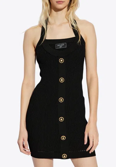Balmain Embellished Pleated Tweed Halterneck Mini Dress In Pa Noir