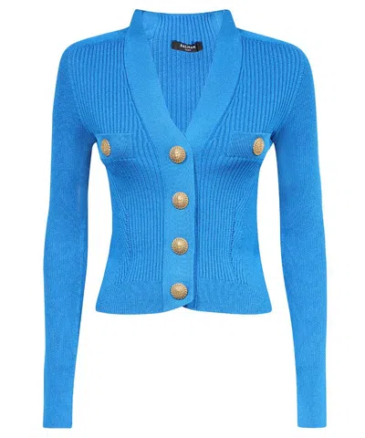 Balmain Ribbed-knit Cardigan In Blue