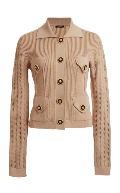 Balmain Women's 4 Pockets Buttoned Ribbed Knit Cardigan In Nude Rose
