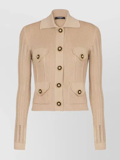 BALMAIN RIBBED KNIT CARDIGAN BUTTONED POCKETS