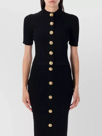 Balmain Ribbed Knit Cardigan With Gold Button Detailing In Black